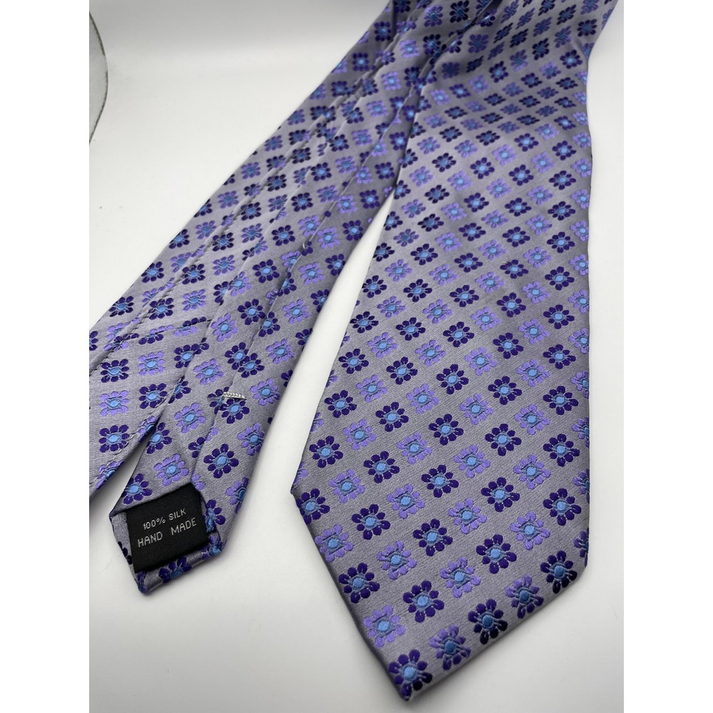 Beau Brummel Soho Mens Silk Tie Purple Blue Floral Medallion Silver Hand Made